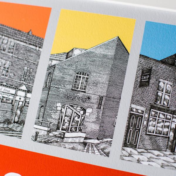 An image of multiple artworks produced by Ben Holland. The most visible, in the middle, shows a black and white illustration of The Cluny in Newcastle, with a block of the colour yellow making up the sky.