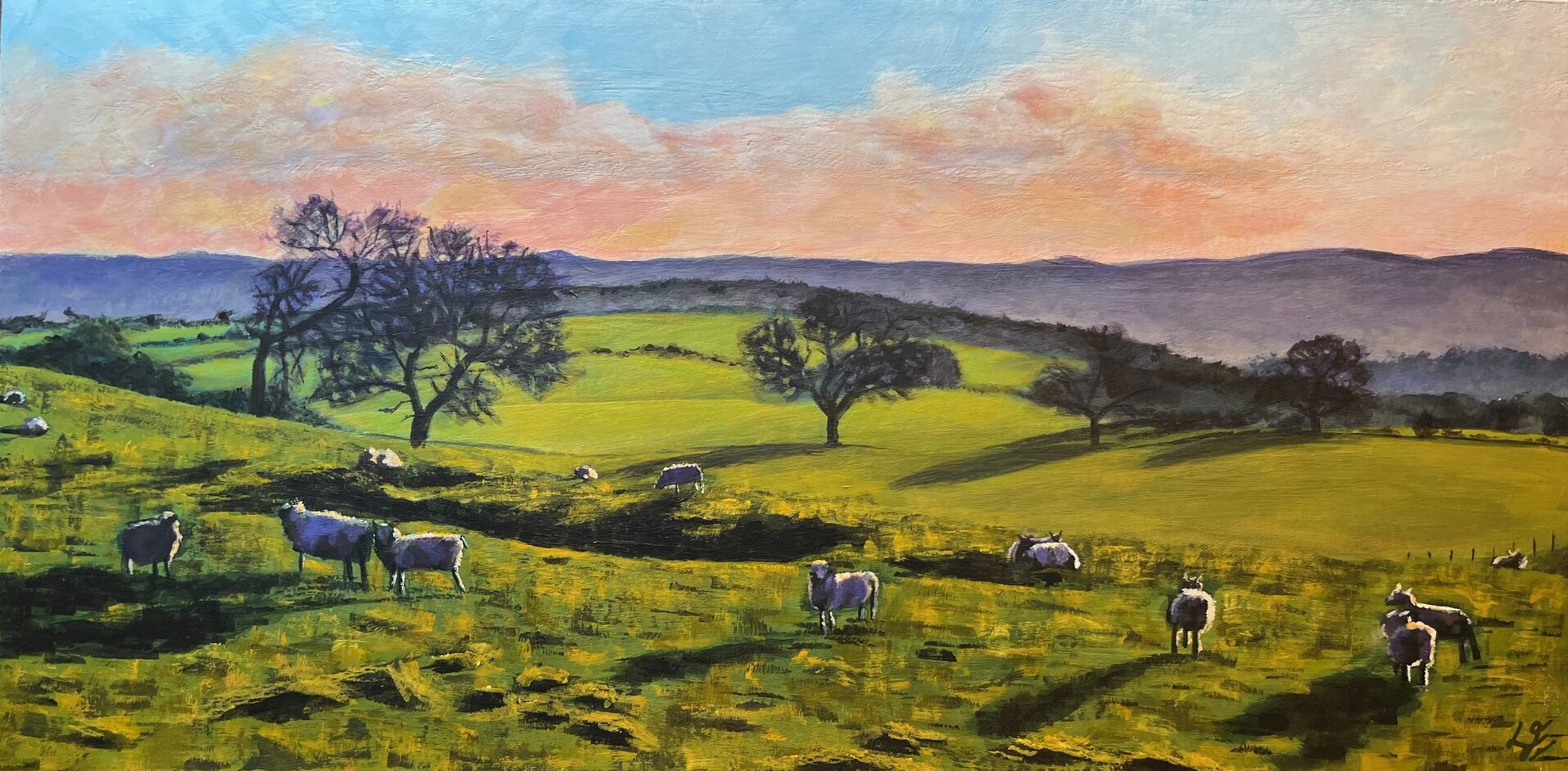 A painting by Laura Frederikson, a student from our acrylic painting course. It is a scene of beautiful green rolling fields at sunset, with a pink and blue sky. There are sheep grazing in a field, the sun casting dramatic shadows on the landscape.